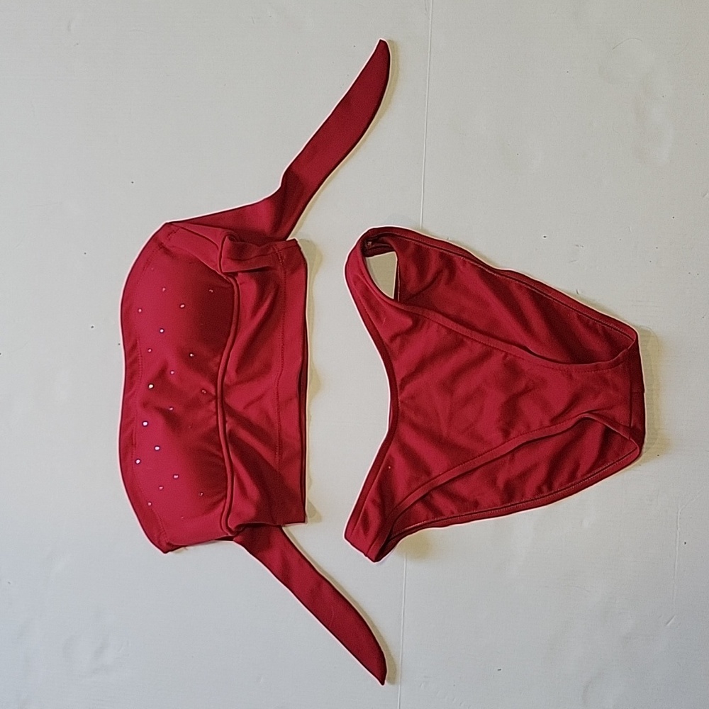 XOXO strapless, red 2-piece swimsuit with blue rhinestone detail, size small
